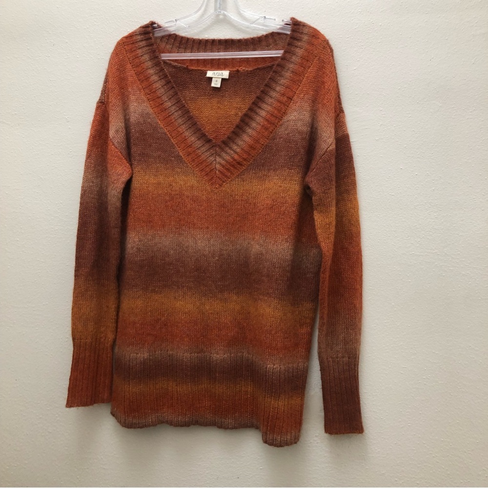 a.n.a Long Sleeve V-Neck Color Block Chain Knit Sweater Women's Size M O/Brown - Picture 7 of 7
